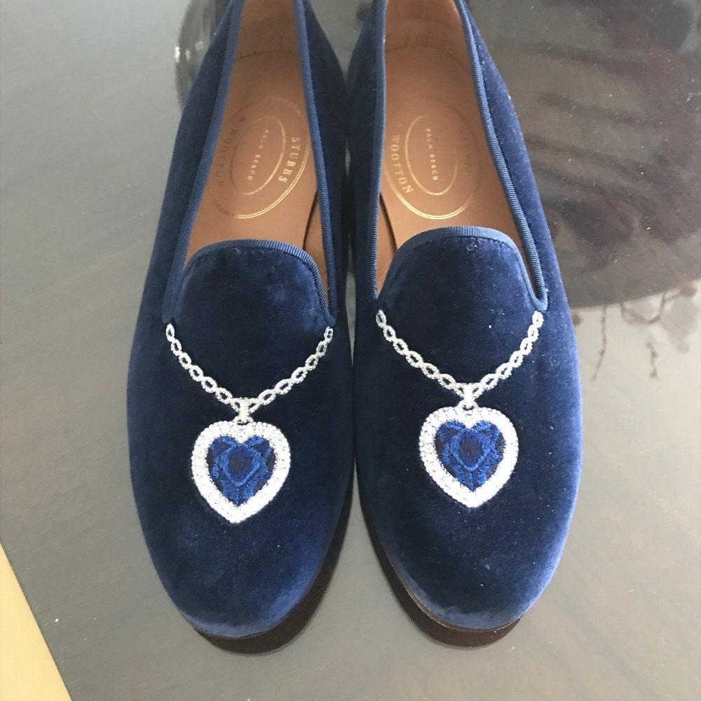 New Stubbs & Wootton loafer/slippers shoes Blue velvet titanic heart sapphire